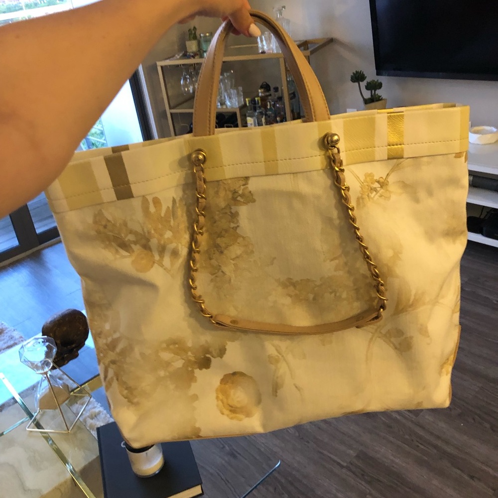 Chanel floral print denim tote